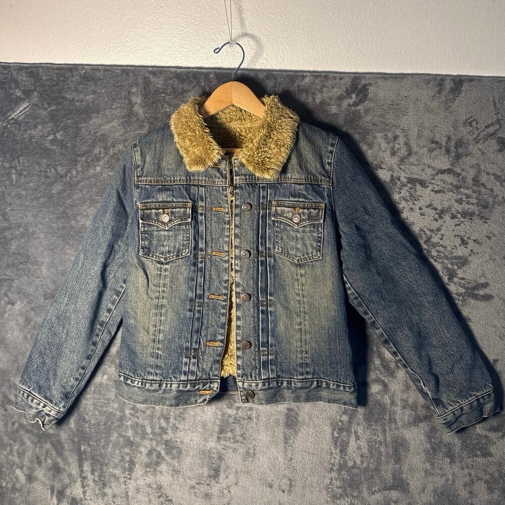 VTG 90s GAP Faux Fur Lined Denim Jacket Womens Small Distressed Bella Swan